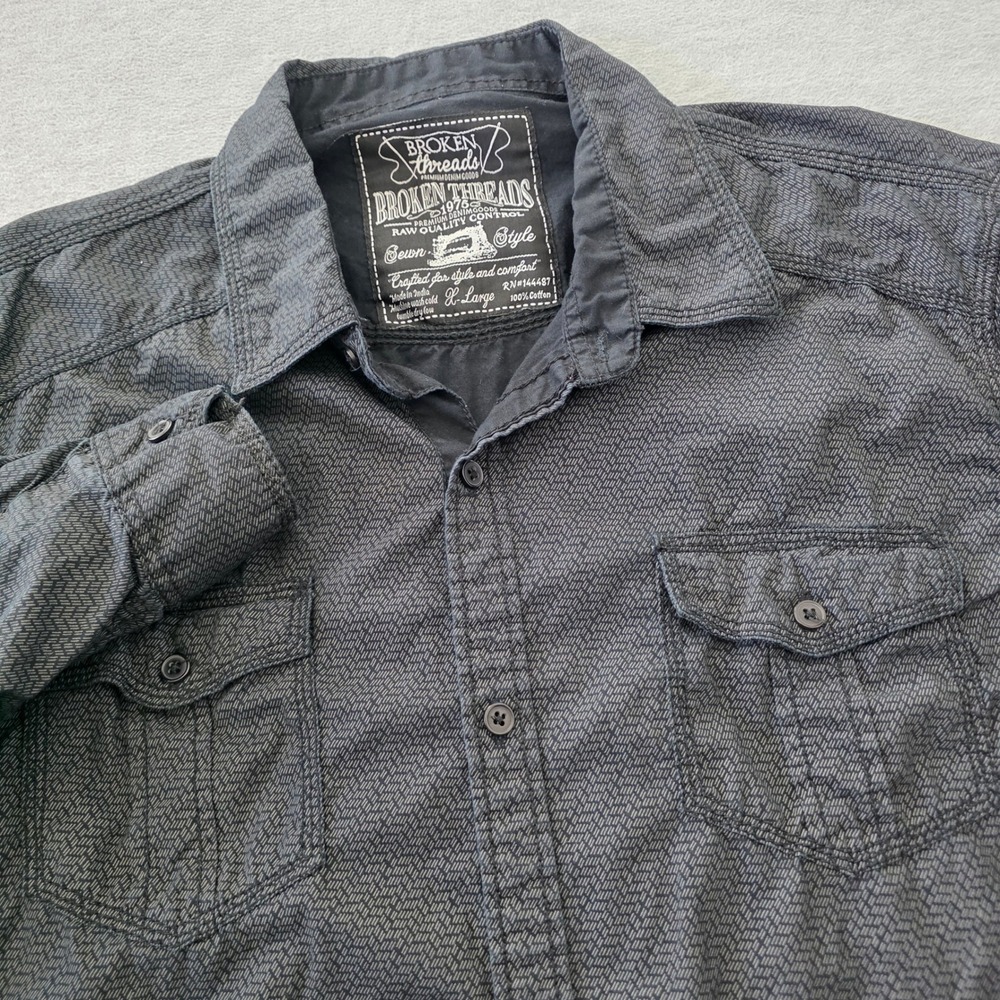 Broken Threads Mens XL Charcoal Grey Geometric Print Cotton Button Down Shirt